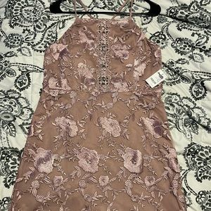 Mauve embroidered floral mesh dress